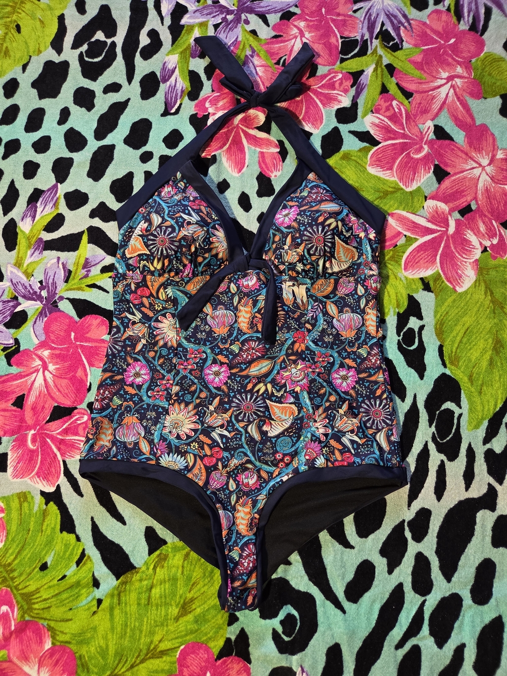 Floral Paisley Halter One-Piece Swimsuit - Navy Multi